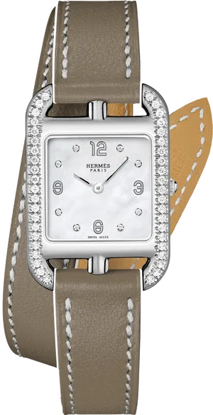 Elegant Hermes Watchwith Diamondsand Leather Strap PNG image