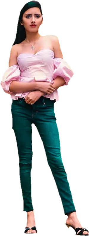 Elegant Indian Girlin Pink Topand Green Jeans PNG image