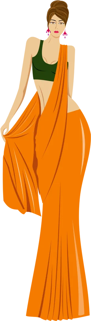 Elegant Orange Saree Vector Illustration PNG image