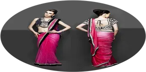 Elegant Pink Saree Model Dual Pose PNG image