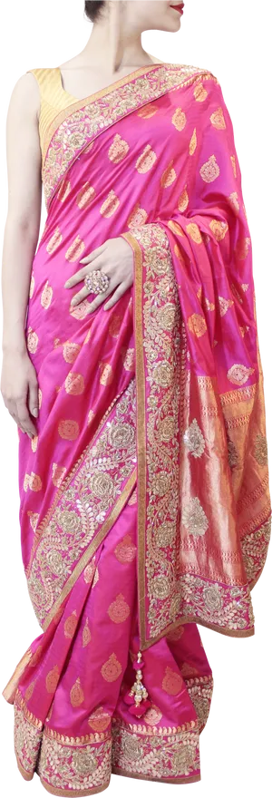 Elegant Pink Sareewith Gold Embroidery PNG image