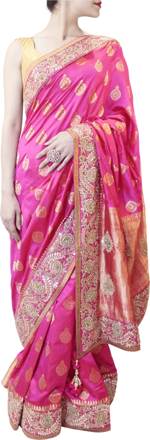 Elegant Pink Sareewith Gold Embroidery PNG