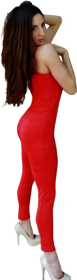 Elegant Red Dress Posing Woman PNG image