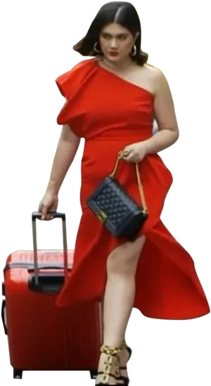 Elegant Red Dress Travel Look PNG image