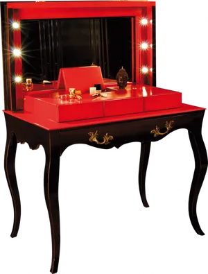 Elegant Red Dressing Tablewith Lights PNG image