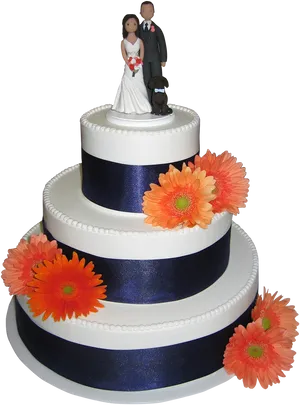 Elegant Wedding Cakewith Blue Ribbonand Flowers PNG image