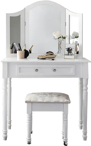 Elegant White Dressing Tablewith Stool PNG image