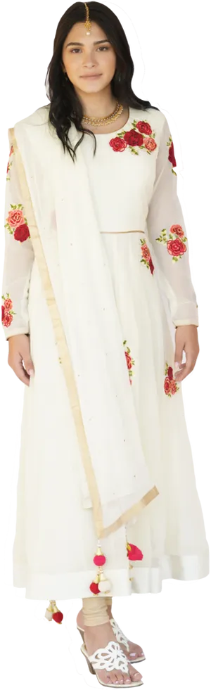 Elegant White Salwar Suitwith Floral Embroidery PNG image