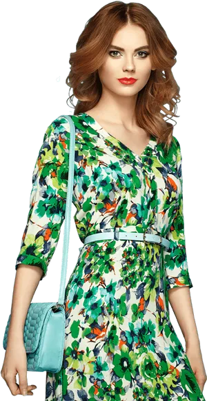 Elegant Woman Floral Dress Blue Handbag
