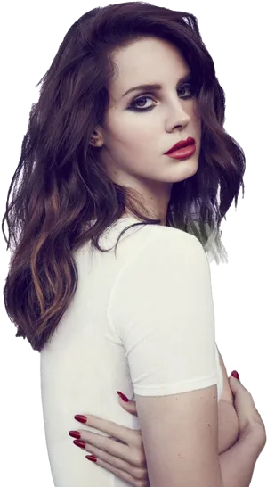 Elegant Woman White Top Red Lipstick PNG image
