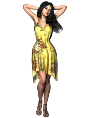 Elegant Woman Yellow Floral Dress PNG image