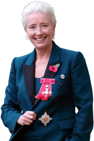 Elegant Womanin Blue Suitwith Medals PNG image