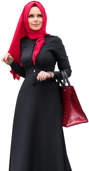 Elegant Womanin Red Hijaband Black Dress PNG image