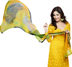 Elegant Womanin Yellow Dress PNG image