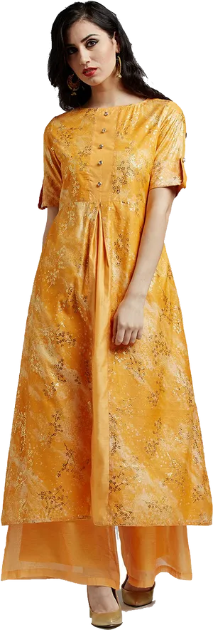 Elegant Yellow Kurti Model Pose PNG image