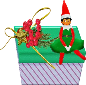 Elf On Gift Box With Christmas Decorations PNG image