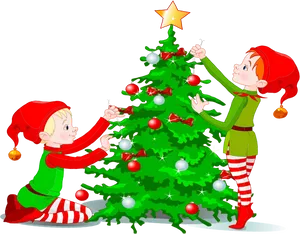 Elves Decorating Christmas Tree PNG image