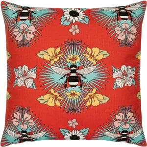 Embroidered Floral Bee Pattern Cushion PNG image