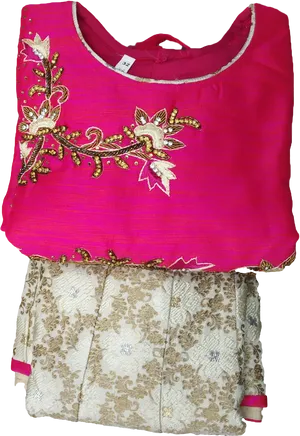 Embroidered Pink Blouse And Beige Lehenga Skirt PNG image