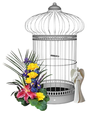Empty Birdcagewith Flowersand Angel Figurine