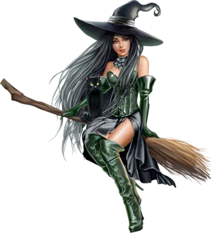 Enchanting Witchon Broomwith Black Cat