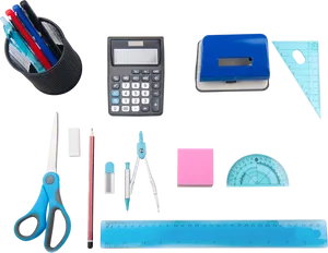 Essential Stationery Items Flatlay PNG image