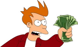 Excited Cartoon Character Holding Money PNG image