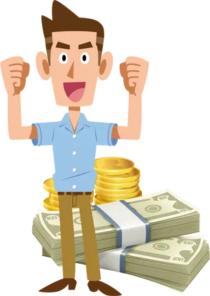 Excited Man Standing With Money Vector PNG