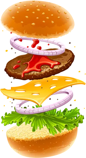 Exploded View Cheeseburger Illustration PNG image