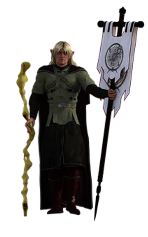 Fantasy_ Elf_ Warrior_with_ Staff_and_ Banner PNG image