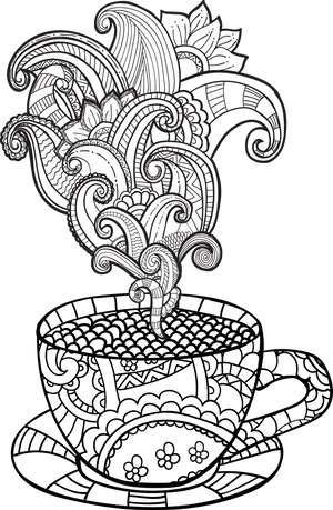 Fantasy Steaming Coffee Cup Coloring Page PNG