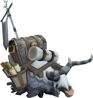 Fantasy Yak Carrying Treasure Chest PNG image