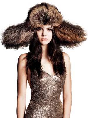 Fashion Model Golden Dress Large Fur Hat PNG image
