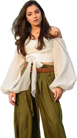 Fashion Model In White Blouse And Green Pants PNG image