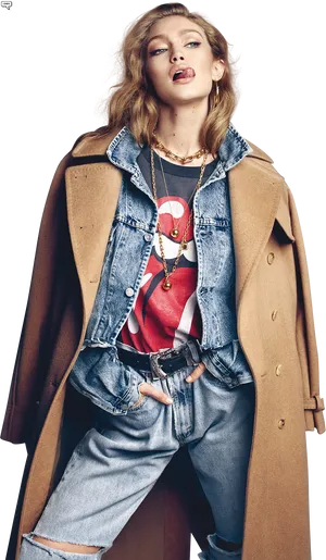 Fashionable Denim And Trench Coat Look PNG image