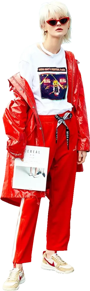 Fashionable Streetwear Model Red Outfit PNG image