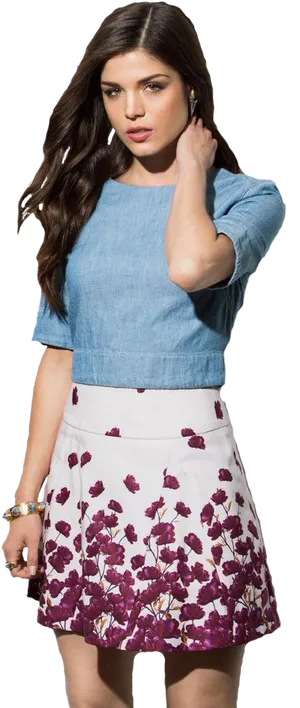 Fashionable Womanin Blue Topand Floral Skirt PNG image