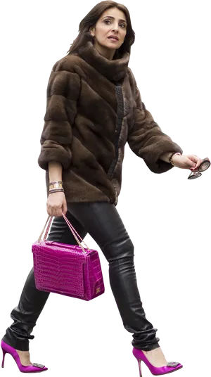 Fashionable Womanin Fur Coatand Heels PNG