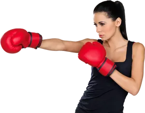 Female Kickboxer Punching Red Gloves PNG image
