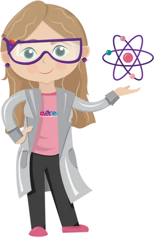 Female Scientist Cartoonwith Atom PNG image