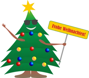 Festive Christmas Tree Character Holding Sign PNG image