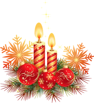 Festive_ Holiday_ Candles_and_ Ornaments PNG image