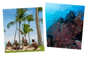 Fijian Cultural Gatheringand Underwater Coral Scenery PNG image