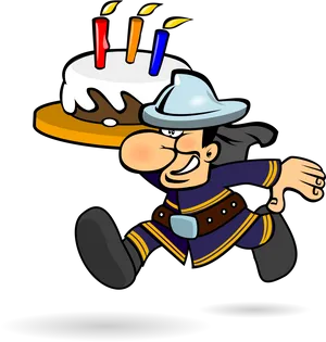 Firefighter Cartoon Carrying Birthday Cake PNG image