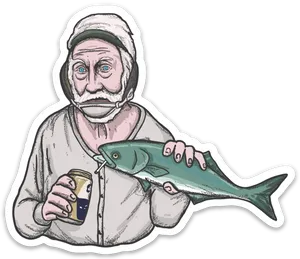 Fisherman_with_ Beer_and_ Fish_ Sticker PNG image