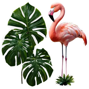 Flamingo And Tropical Leaves PNG Ljn