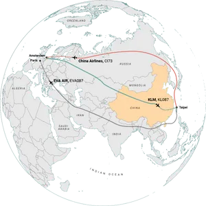 Flight Paths Over China Globe View PNG image