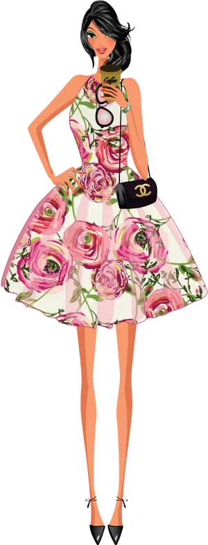 Floral Dress Fashion Model Illustration PNG image
