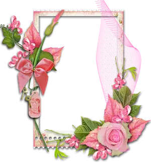 Floral_ Frame_with_ Pink_ Ribbon_and_ Rose PNG image