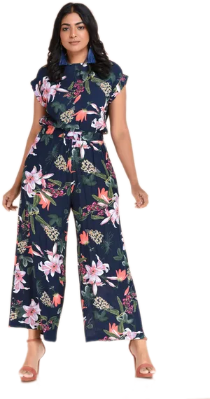 Floral Jumpsuit Fashion Model Pose PNG image